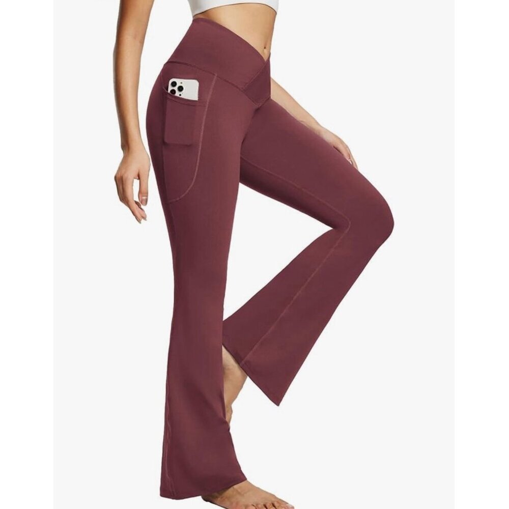 NEW BALEAF Women's Flare Leggings, Maroon size L